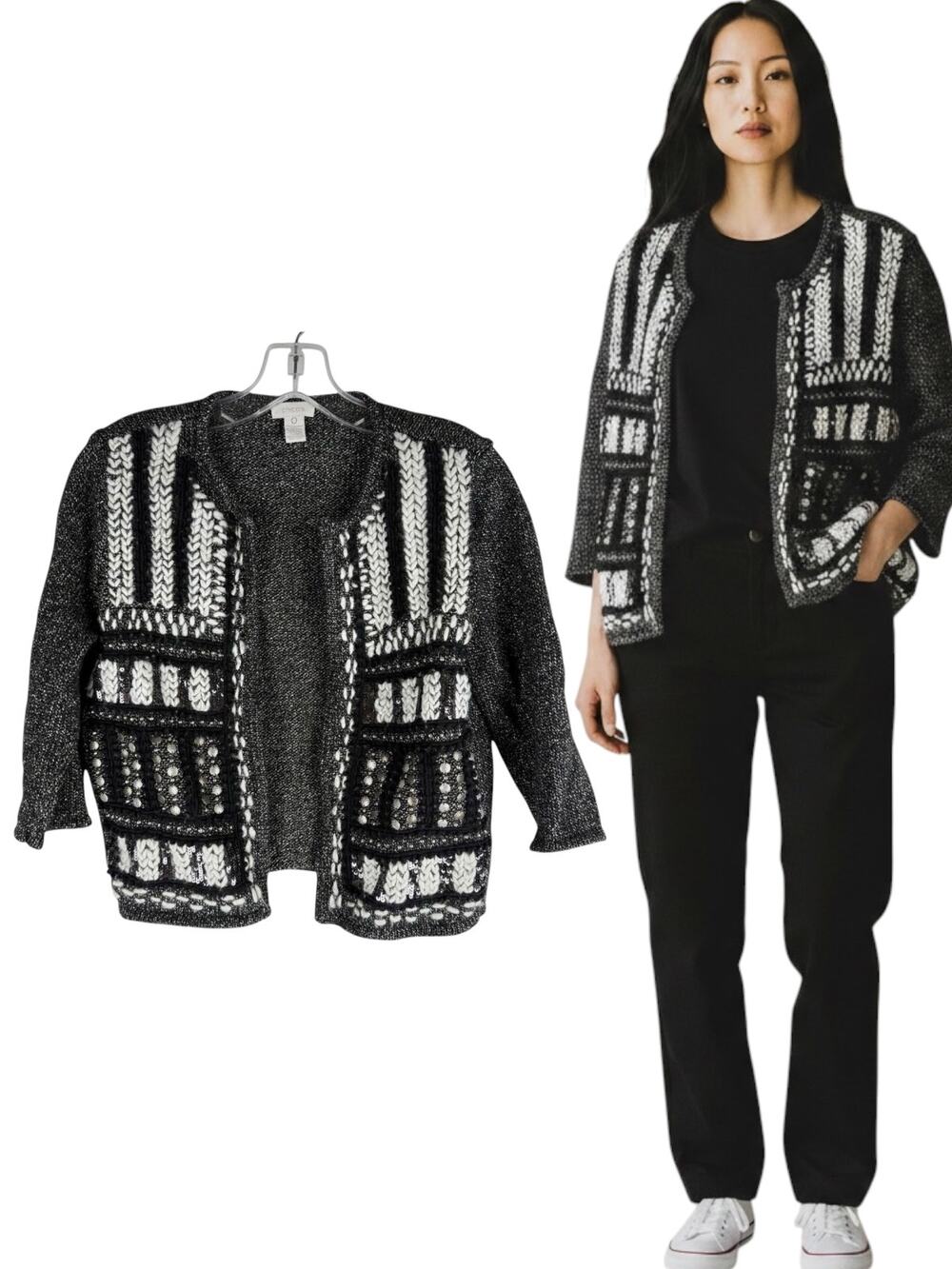 Chicos Embellished Open Cardigan Sweater Cotton Long Sleeve Size XS